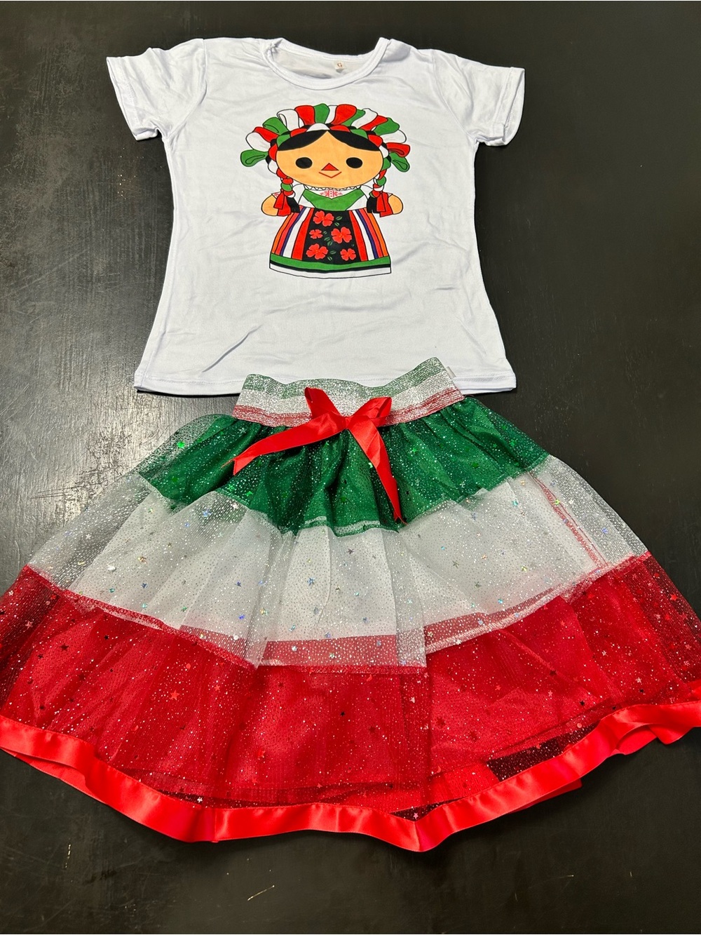 MEXICANA Girls White Tee with Red, Green & White Festive Skirt